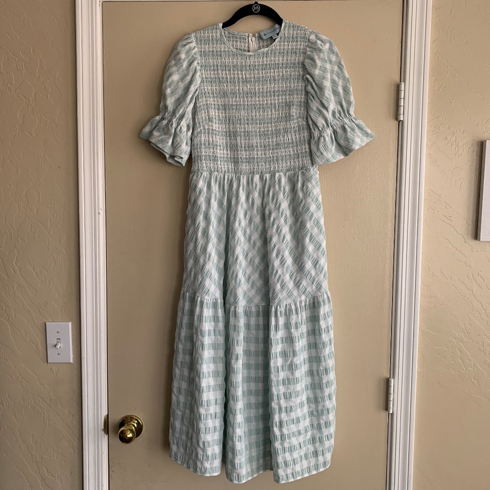 Tuckernuck Mint Green Gingham Sussex MIDI Dress Sz.S Puff Sleeves Smocked Spring